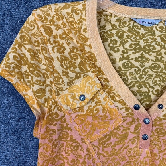 Athleta Stretch Top Women S Orange Umbre V-neck Metal Buttons - Picture 3 of 9